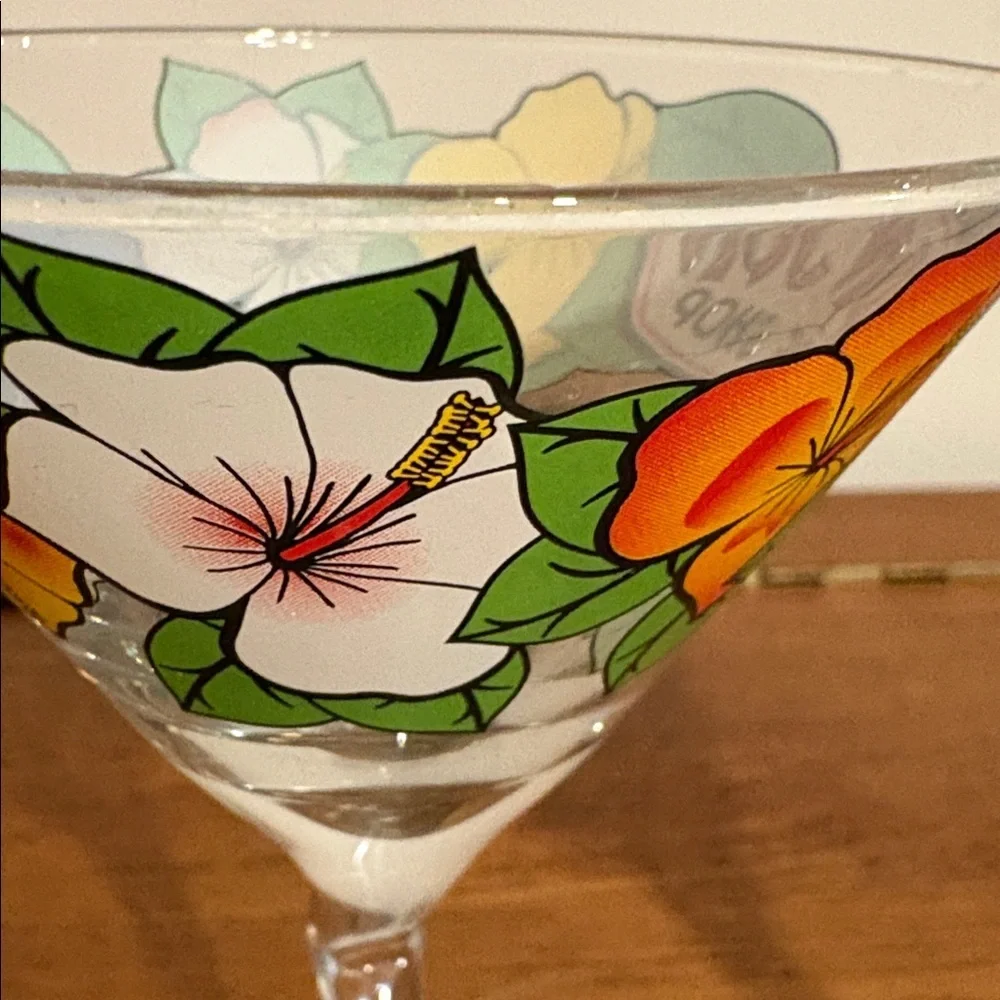 Y2K Era Ron Jon Surf Shop Retro Bent Stem Martini Glass 2 Matching Hibiscus Cute